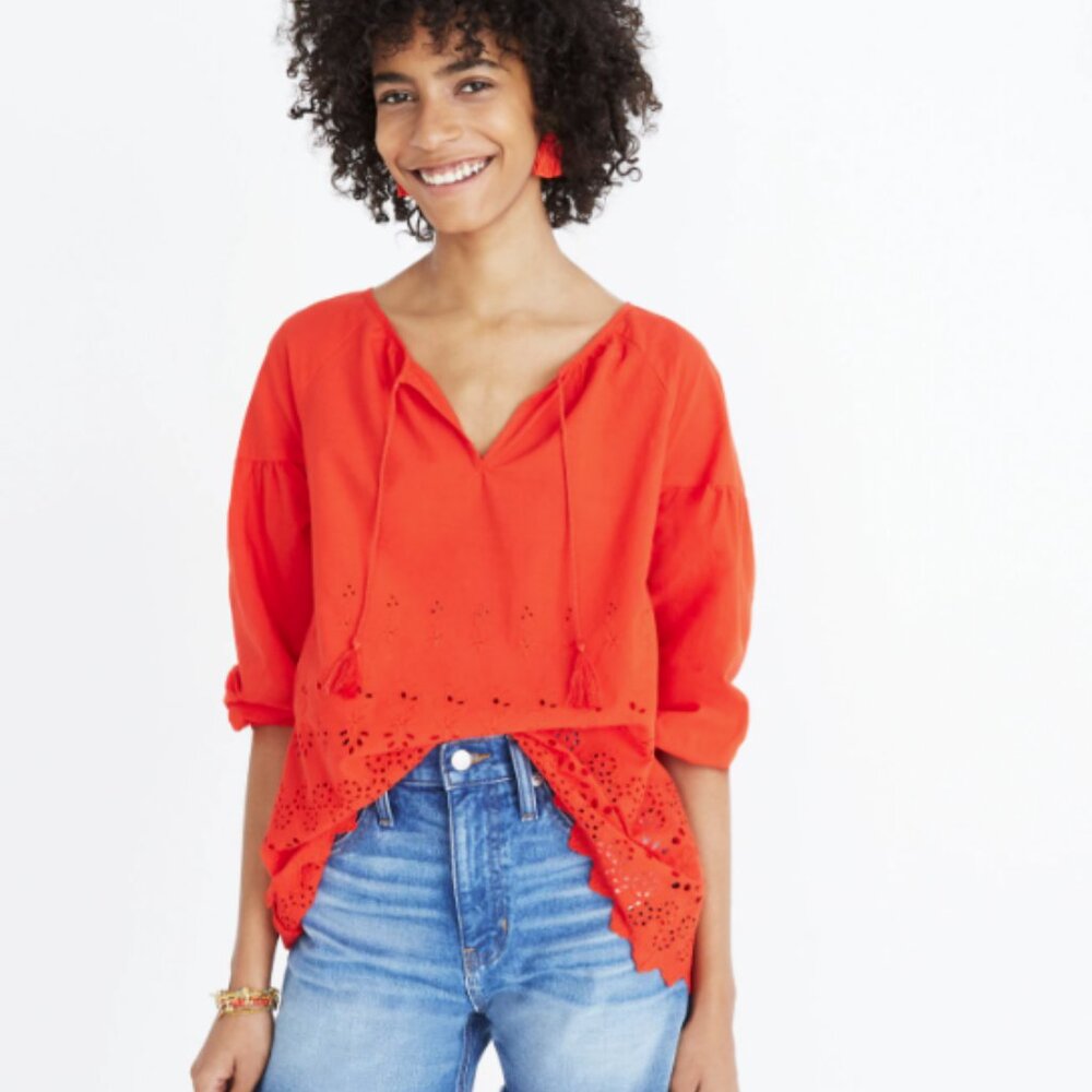 Madewell red 3/4 Sleeve Boxy Blouse